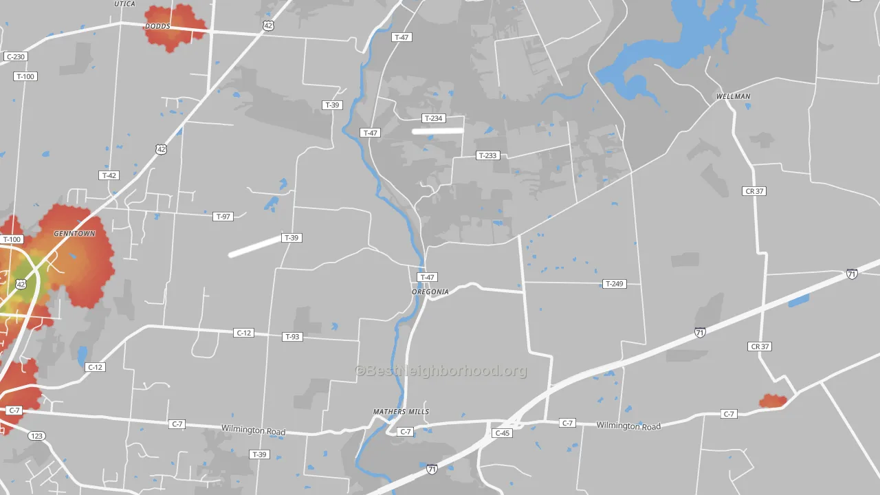 Walk Grade map of Oregonia, OH, walkable areas in green and car-dependent areas in red