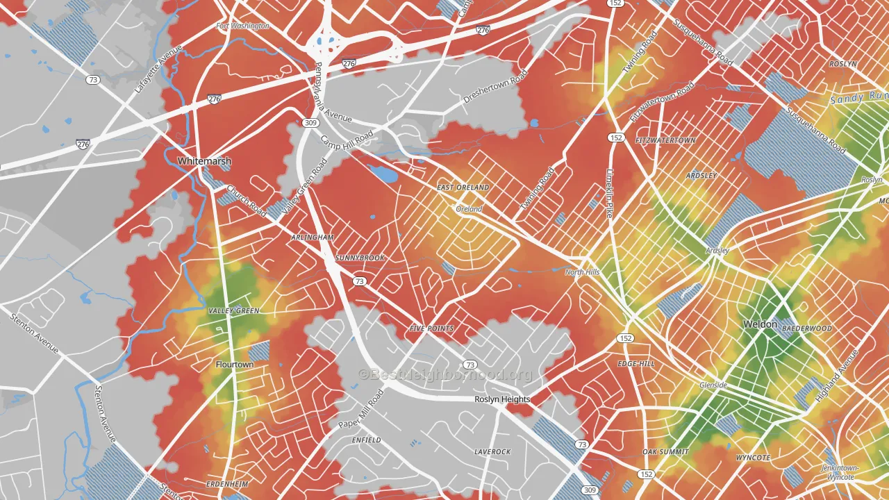 Walk Grade map of Oreland, PA, walkable areas in green and car-dependent areas in red