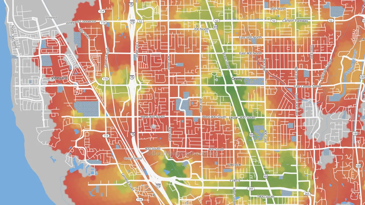 Walk Grade map of Orem North, Orem, UT, walkable areas in green and car-dependent areas in red