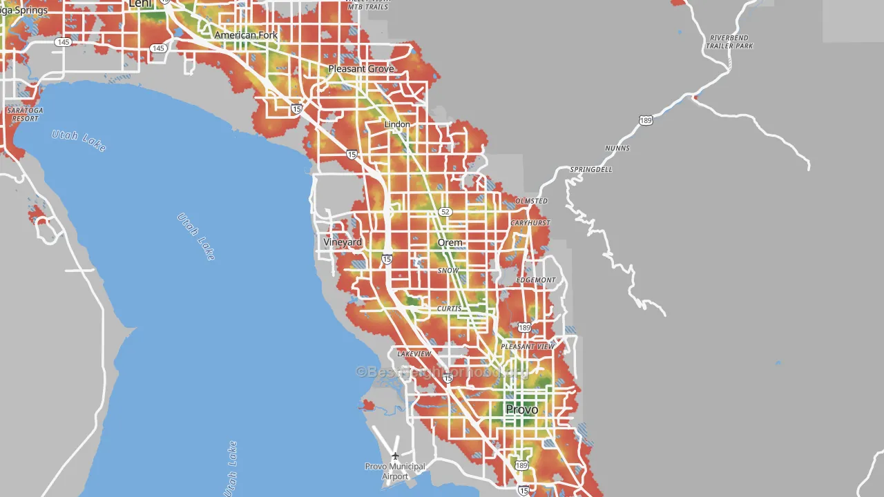 Walk Grade map of Orem, UT, walkable areas in green and car-dependent areas in red