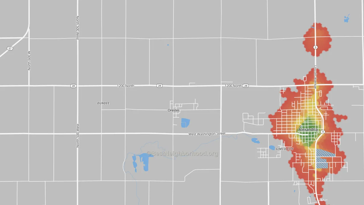 Walk Grade map of Orestes, IN, walkable areas in green and car-dependent areas in red