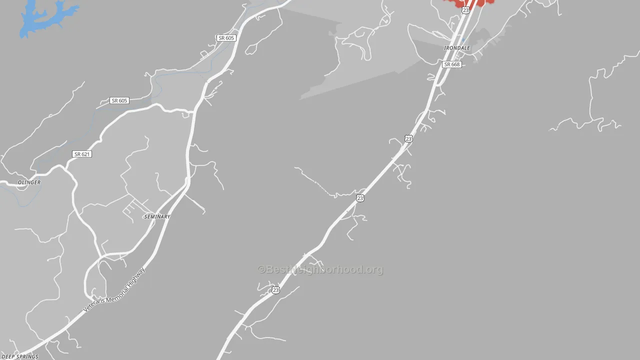 Walk Grade map of Oreton, VA, walkable areas in green and car-dependent areas in red