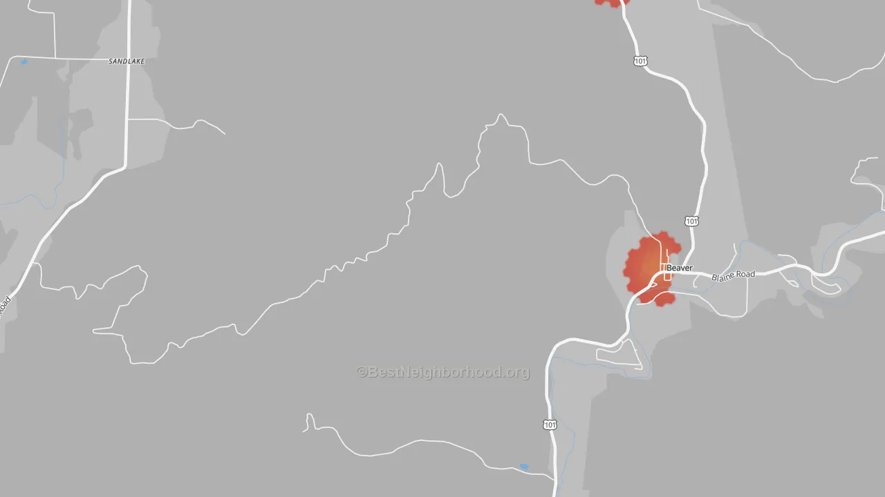 Walk Grade map of Oretown, OR, walkable areas in green and car-dependent areas in red