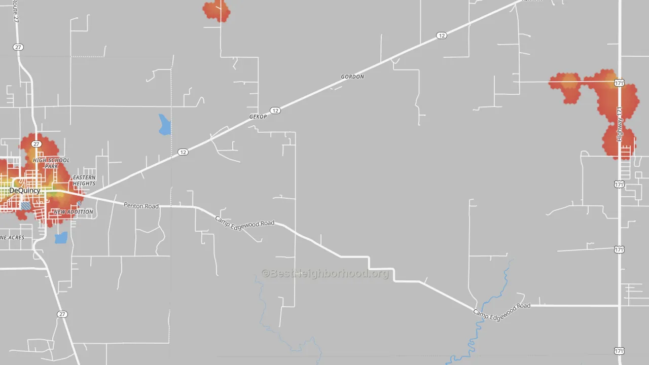 Walk Grade map of Oretta, LA, walkable areas in green and car-dependent areas in red