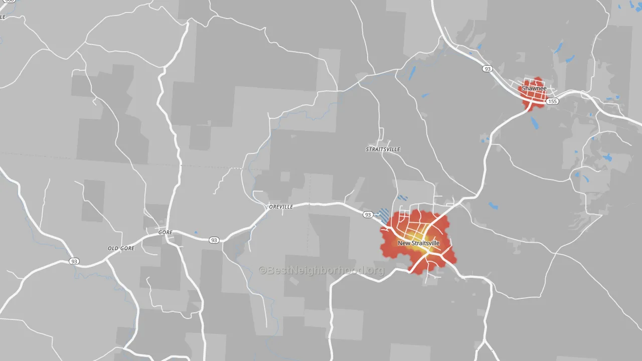 Walk Grade map of Oreville, OH, walkable areas in green and car-dependent areas in red