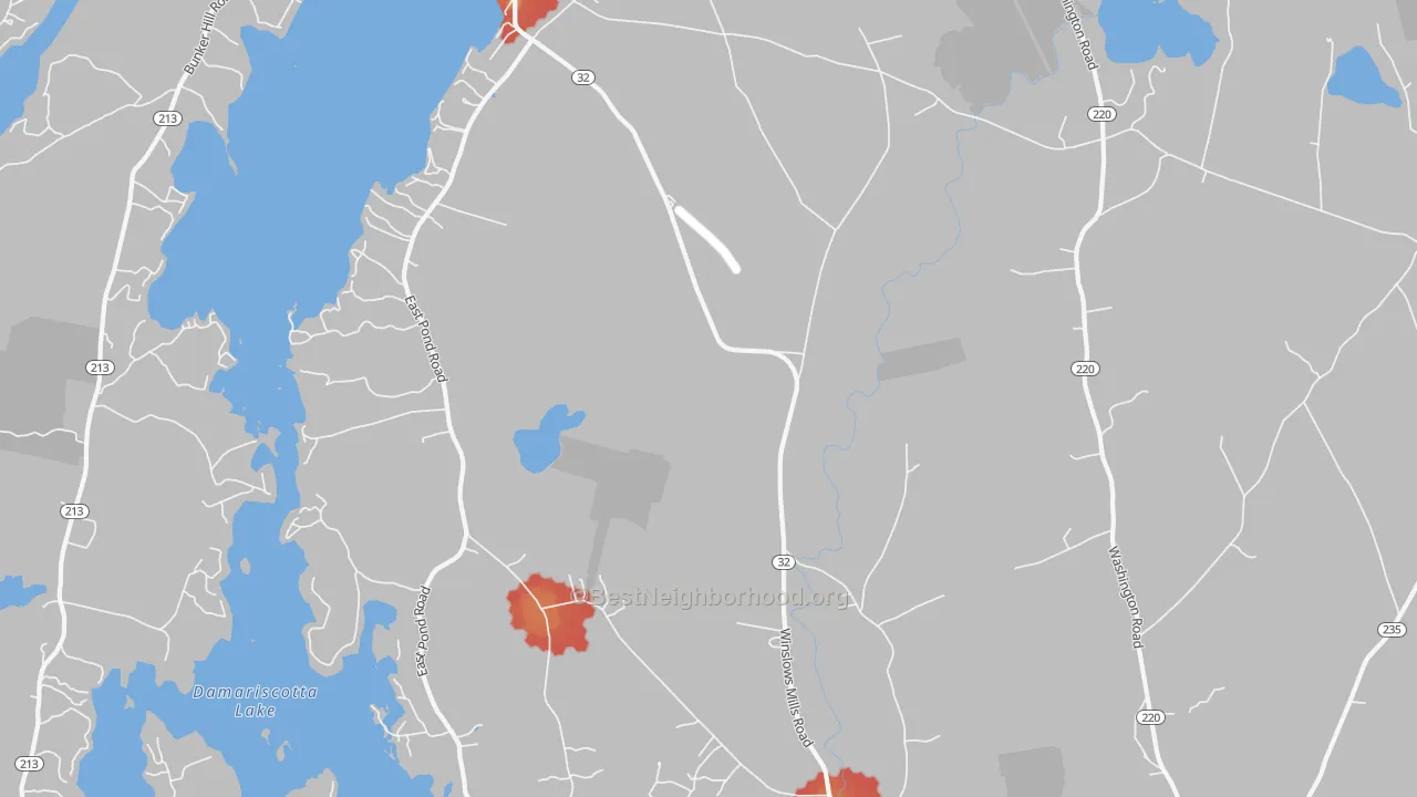 Walk Grade map of Orffs Corner, ME, walkable areas in green and car-dependent areas in red