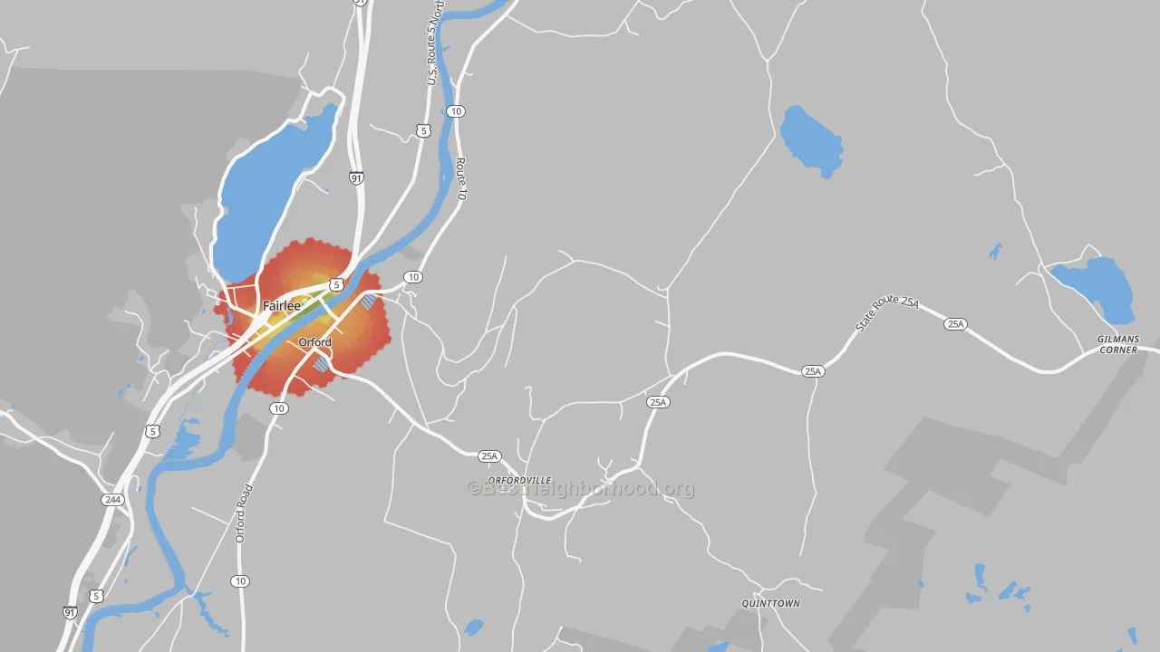 Walk Grade map of Orford, NH, walkable areas in green and car-dependent areas in red