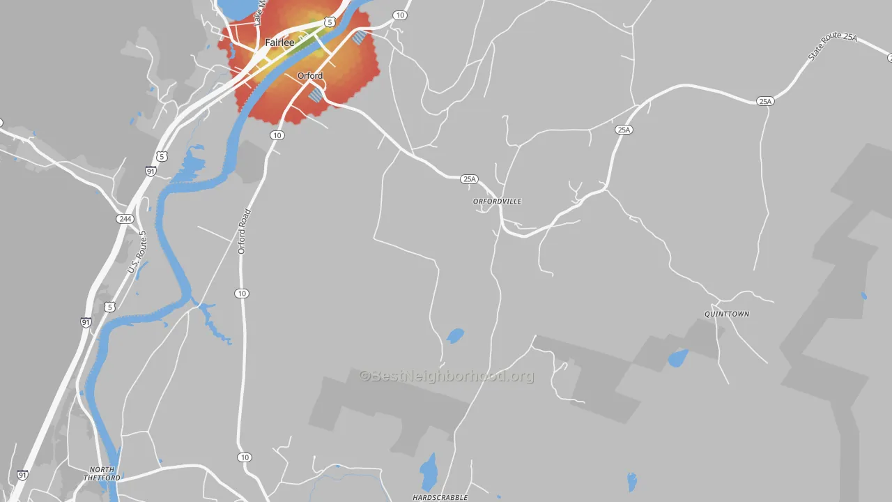 Walk Grade map of Orfordville, NH, walkable areas in green and car-dependent areas in red