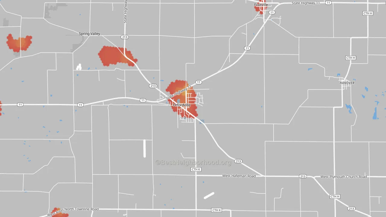 Walk Grade map of Orfordville, WI, walkable areas in green and car-dependent areas in red