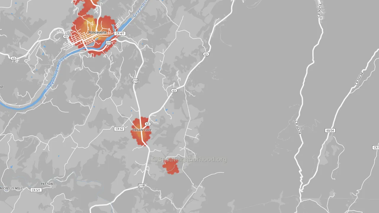Walk Grade map of Organ Cave, WV, walkable areas in green and car-dependent areas in red