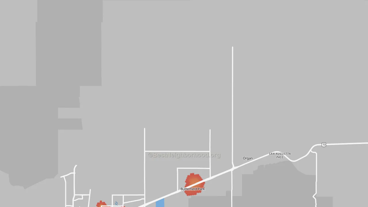 Walk Grade map of Organ, NM, walkable areas in green and car-dependent areas in red