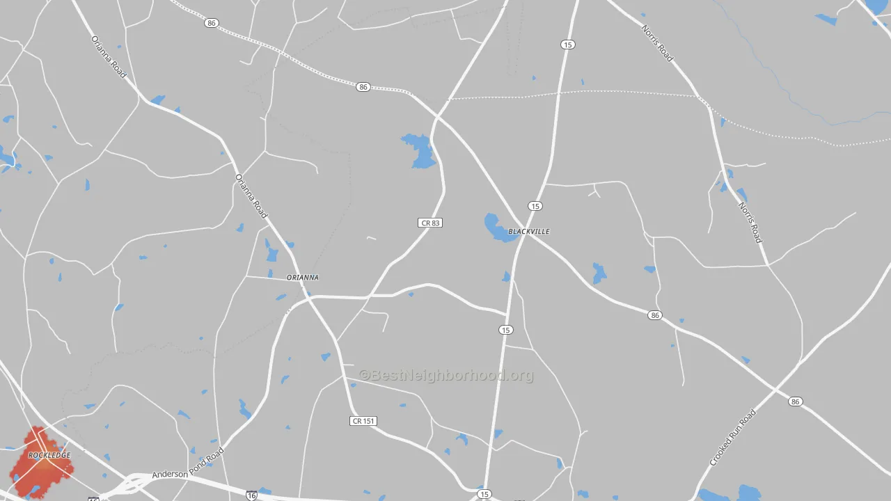 Walk Grade map of Orianna, GA, walkable areas in green and car-dependent areas in red