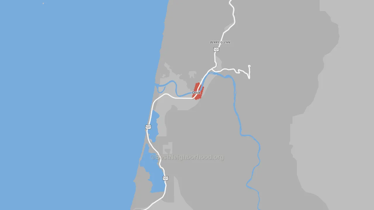 Walk Grade map of Orick, CA, walkable areas in green and car-dependent areas in red