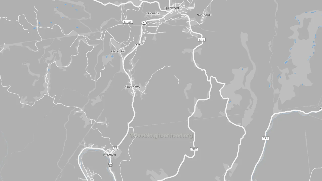Walk Grade map of Orient Hill, WV, walkable areas in green and car-dependent areas in red
