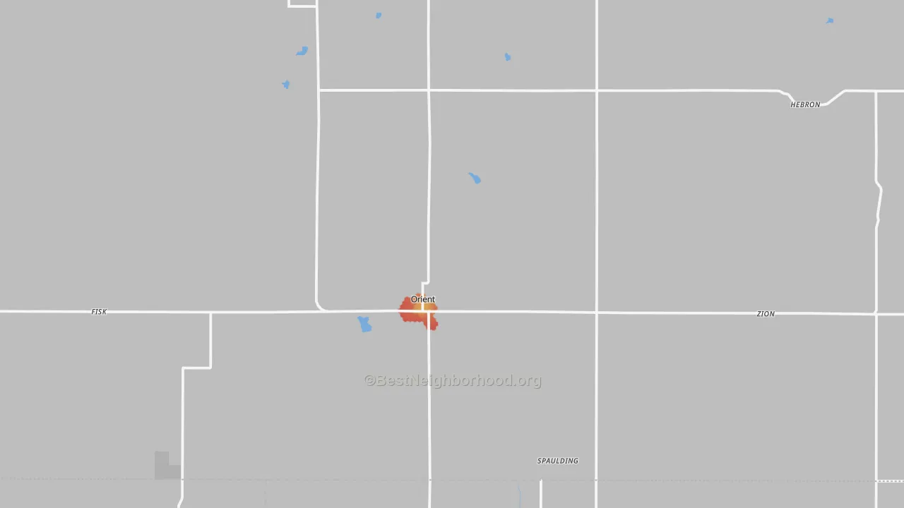 Walk Grade map of Orient, IA, walkable areas in green and car-dependent areas in red