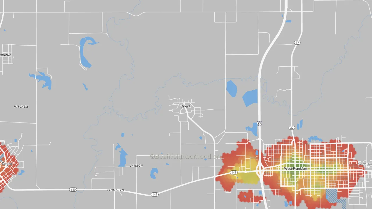 Walk Grade map of Orient, IL, walkable areas in green and car-dependent areas in red
