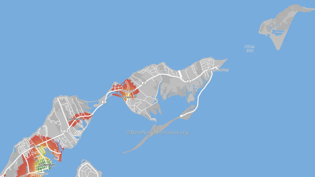 Walk Grade map of Orient, NY, walkable areas in green and car-dependent areas in red