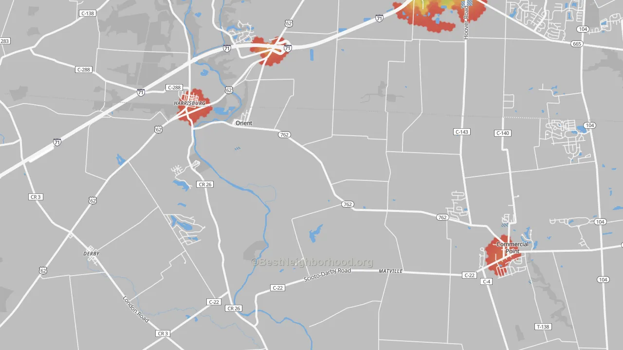 Walk Grade map of Orient, OH, walkable areas in green and car-dependent areas in red
