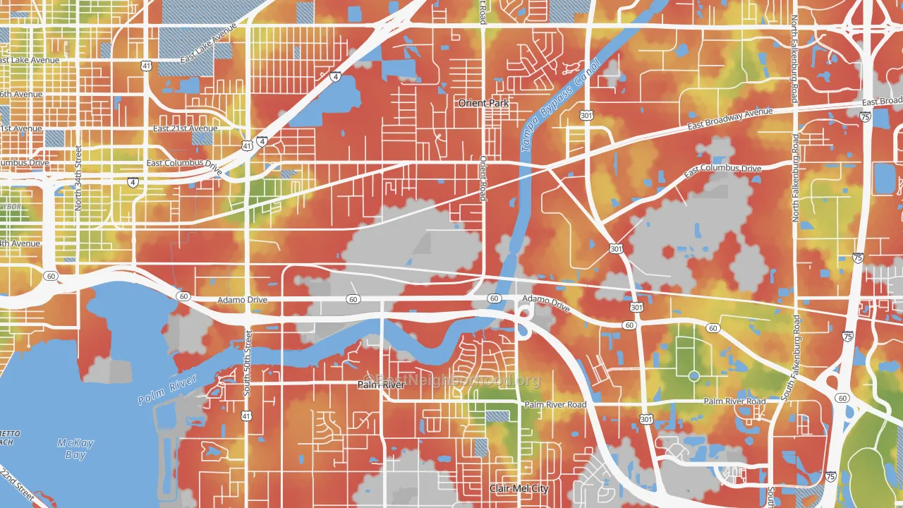 Walk Grade map of Orient Park, Tampa, FL, walkable areas in green and car-dependent areas in red