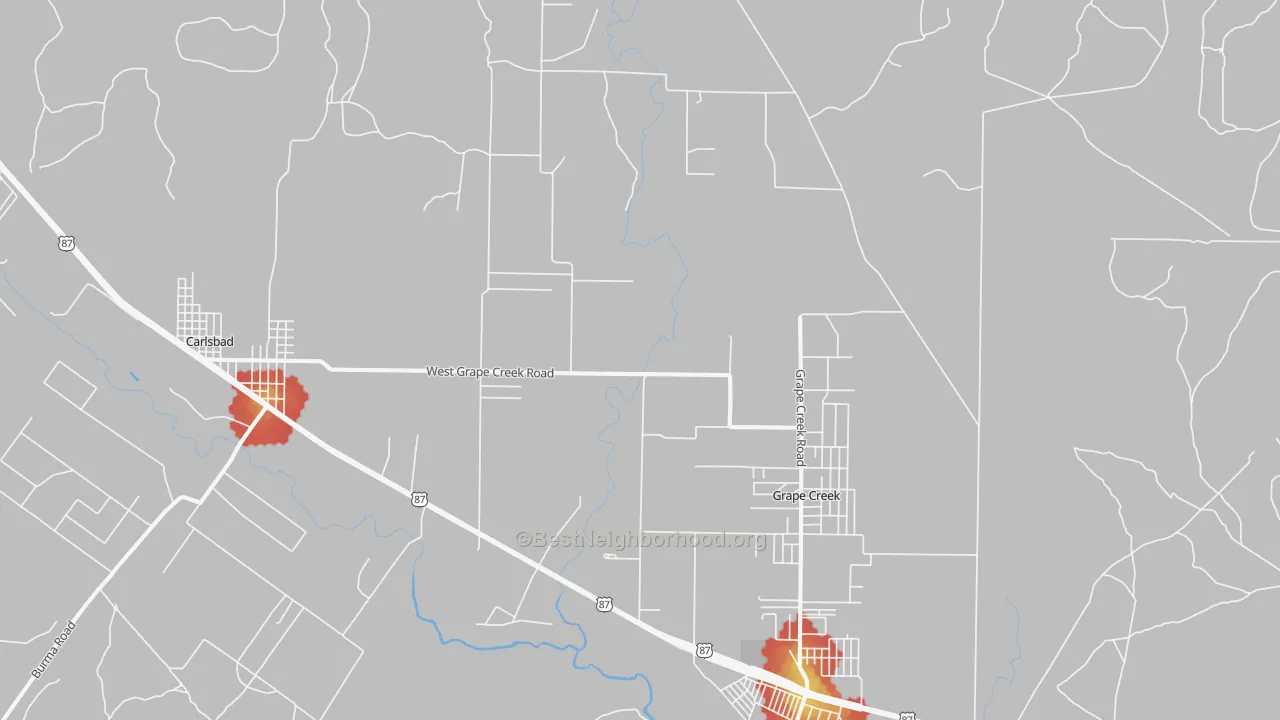 Walk Grade map of Orient, TX, walkable areas in green and car-dependent areas in red