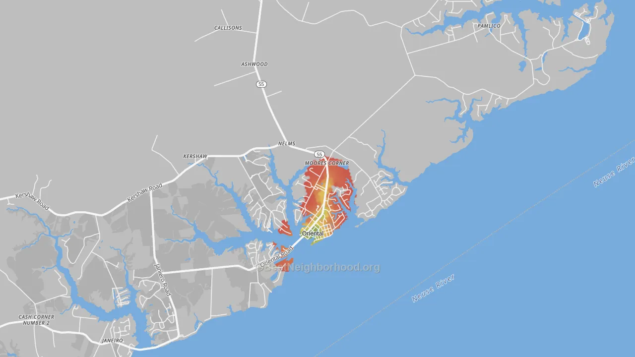 Walk Grade map of Oriental, NC, walkable areas in green and car-dependent areas in red