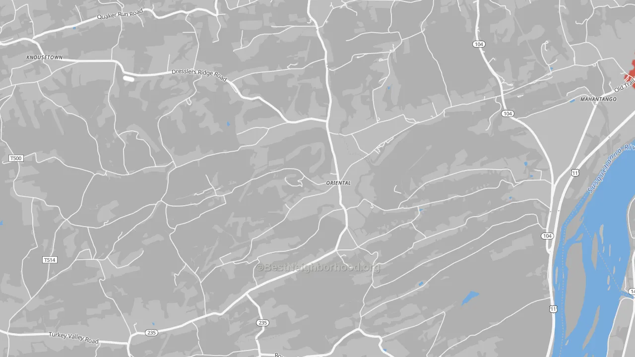 Walk Grade map of Oriental, PA, walkable areas in green and car-dependent areas in red