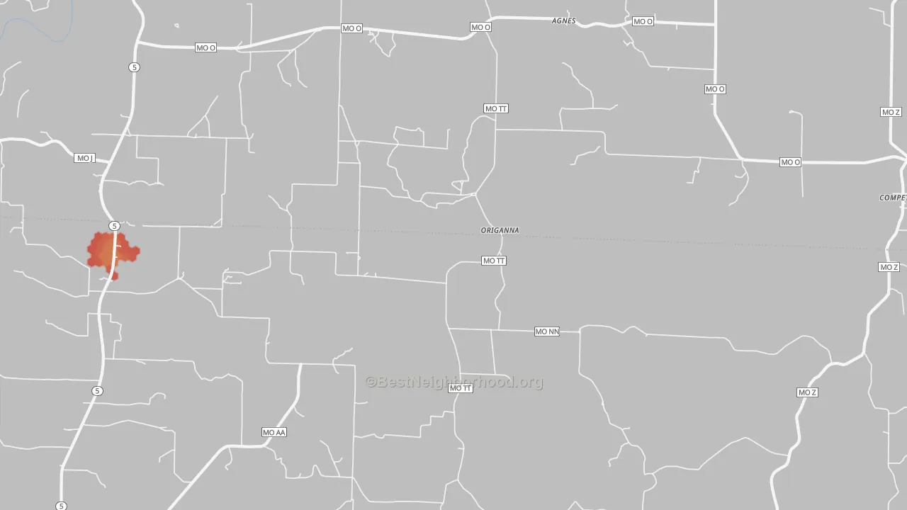 Walk Grade map of Origanna, MO, walkable areas in green and car-dependent areas in red