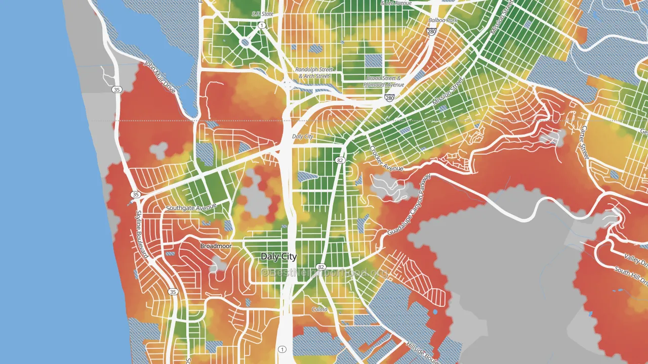 Walk Grade map of Original Daly City, Daly City, CA, walkable areas in green and car-dependent areas in red