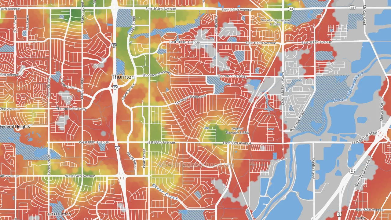 Walk Grade map of Original Thornton, Thornton, CO, walkable areas in green and car-dependent areas in red
