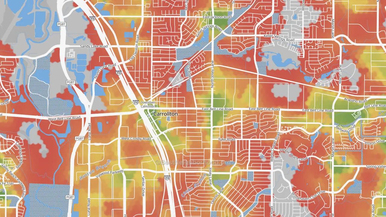Walk Grade map of Original Town, Carrollton, TX, walkable areas in green and car-dependent areas in red