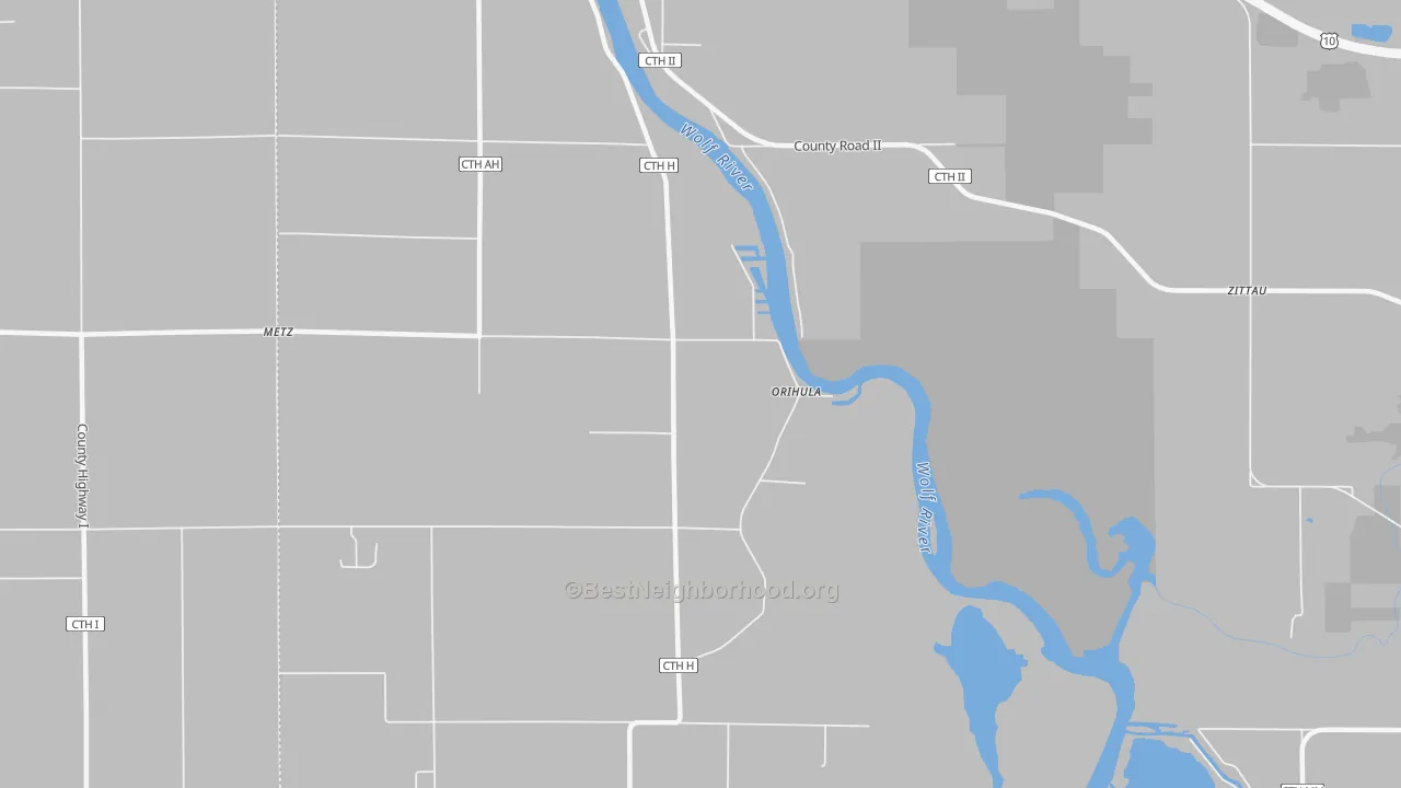 Walk Grade map of Orihula, WI, walkable areas in green and car-dependent areas in red