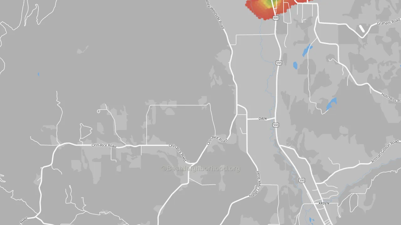 Walk Grade map of Orin, WA, walkable areas in green and car-dependent areas in red
