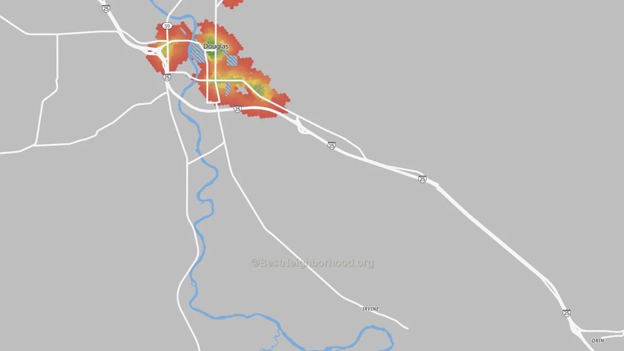 Walk Grade map of Orin, WY, walkable areas in green and car-dependent areas in red