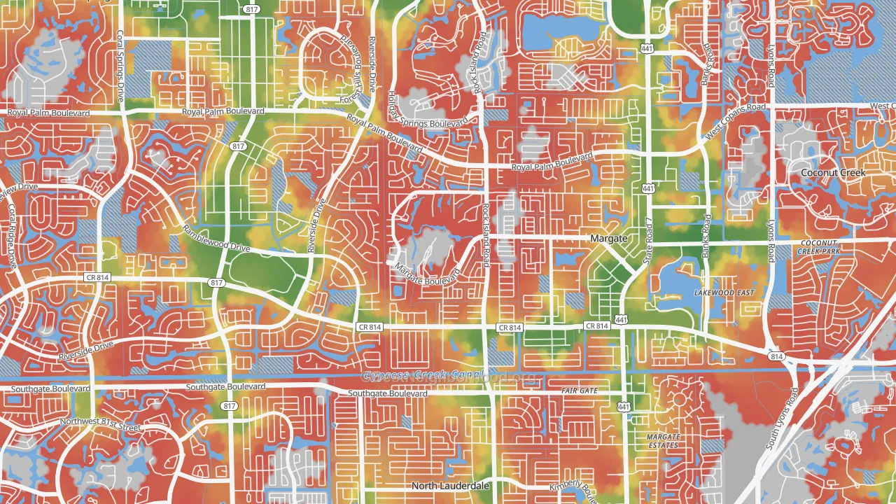 Walk Grade map of Oriole Margate Golf Course, Margate, FL, walkable areas in green and car-dependent areas in red