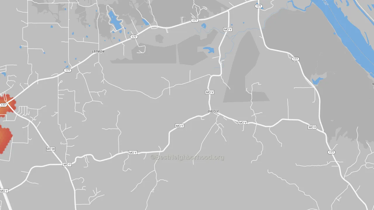 Walk Grade map of Oriole, MO, walkable areas in green and car-dependent areas in red
