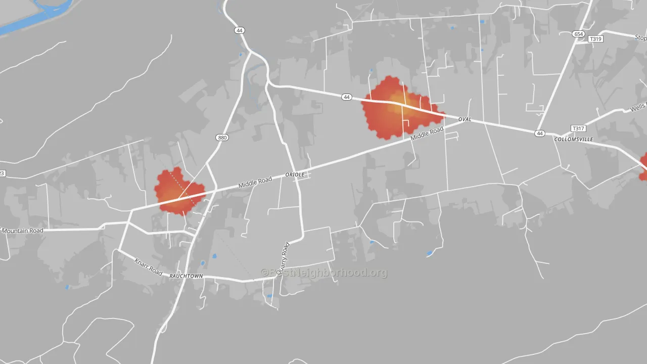 Walk Grade map of Oriole, PA, walkable areas in green and car-dependent areas in red