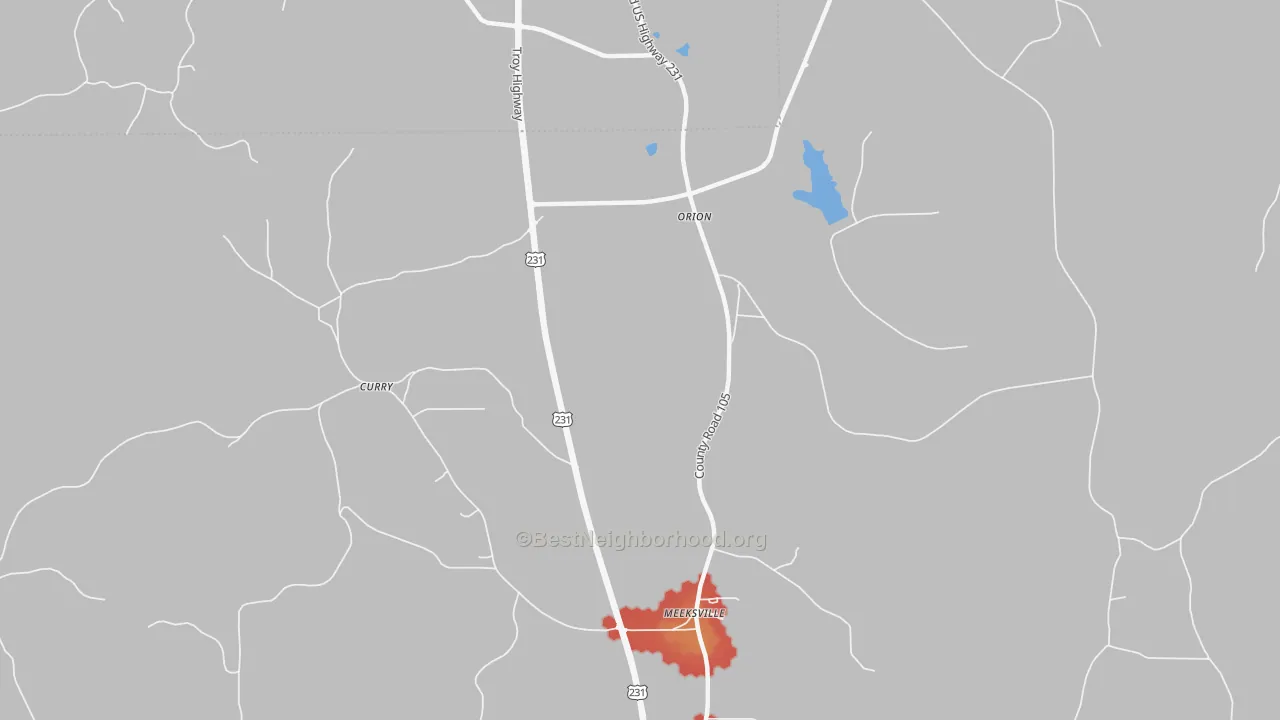 Walk Grade map of Orion, AL, walkable areas in green and car-dependent areas in red