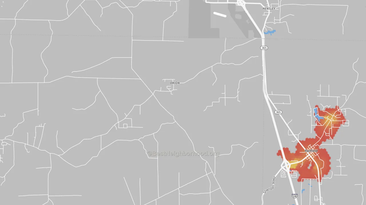 Walk Grade map of Orion, AR, walkable areas in green and car-dependent areas in red