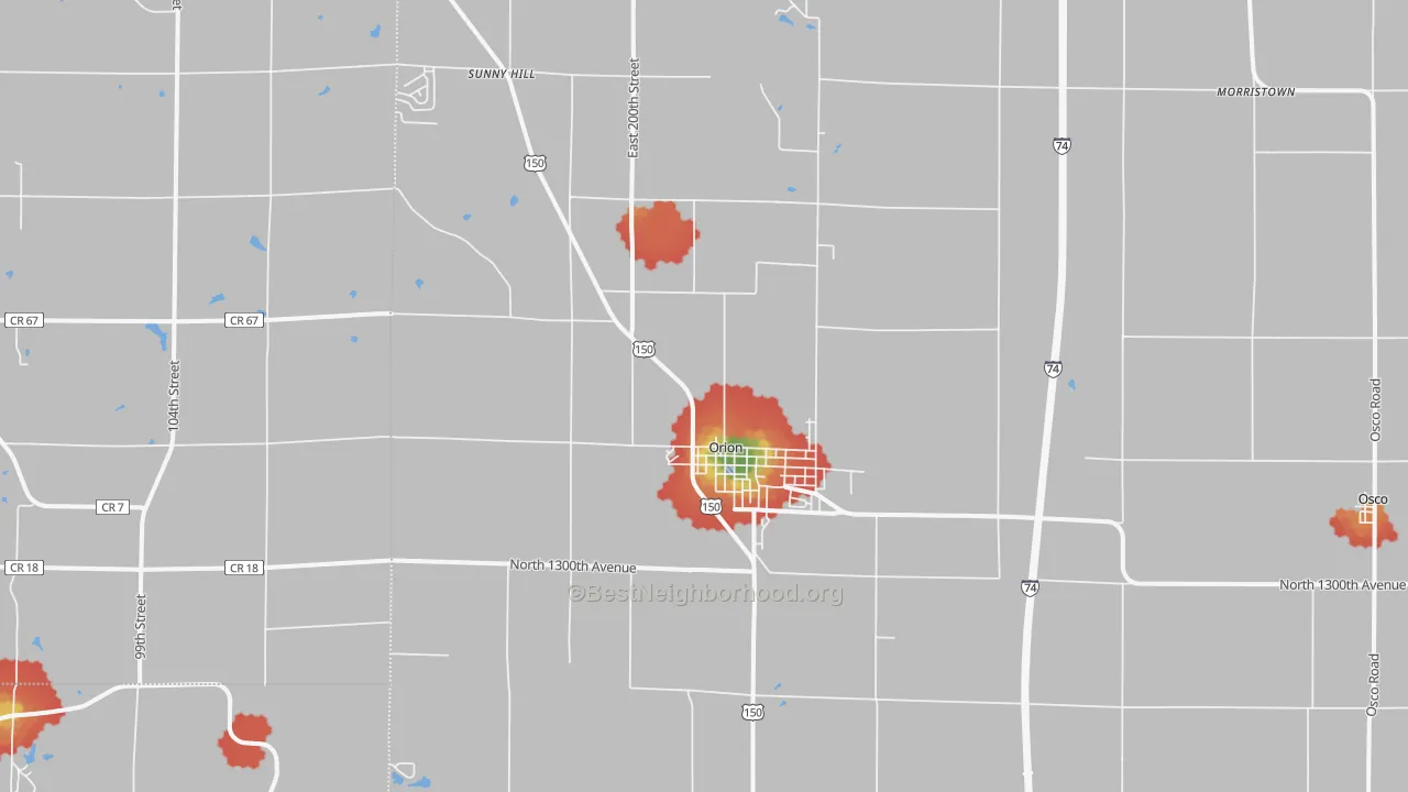 Walk Grade map of Orion, IL, walkable areas in green and car-dependent areas in red