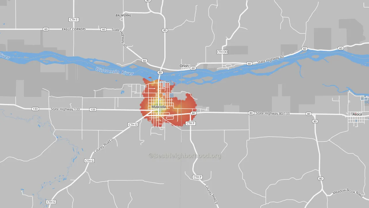 Walk Grade map of Orion, WI, walkable areas in green and car-dependent areas in red