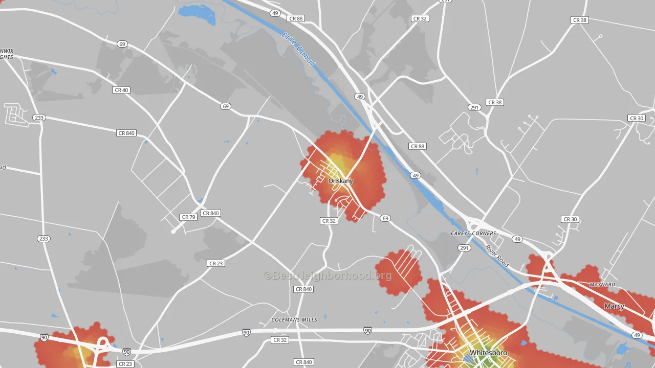 Walk Grade map of Oriskany, NY, walkable areas in green and car-dependent areas in red