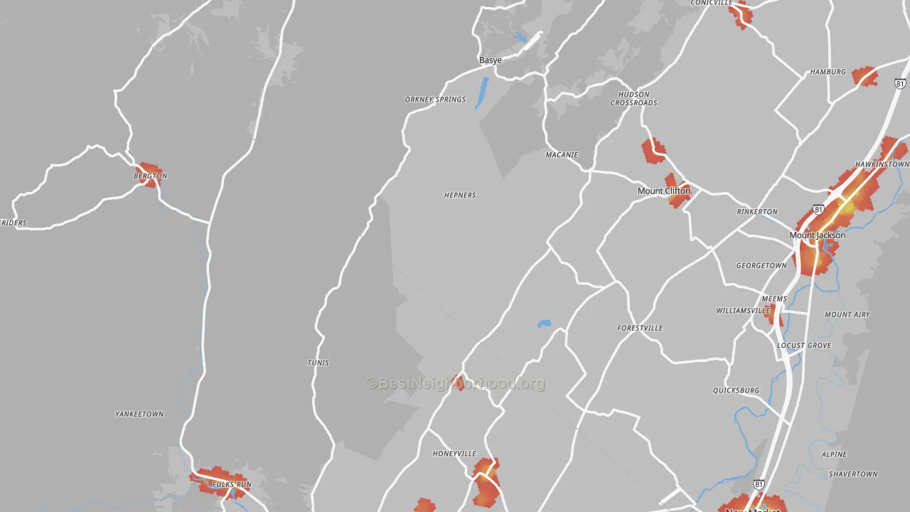 Walk Grade map of Orkney Springs, VA, walkable areas in green and car-dependent areas in red