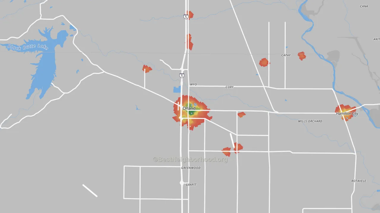 Walk Grade map of Orland, CA, walkable areas in green and car-dependent areas in red