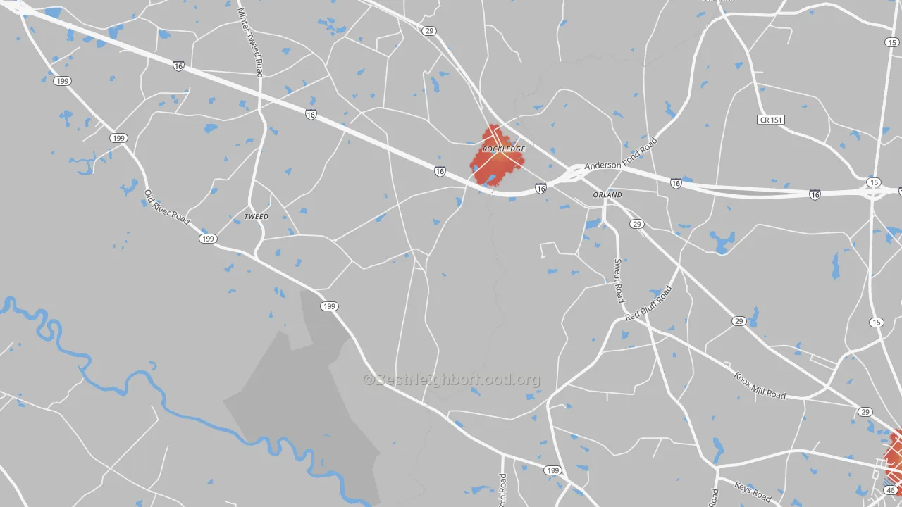Walk Grade map of Orland, GA, walkable areas in green and car-dependent areas in red