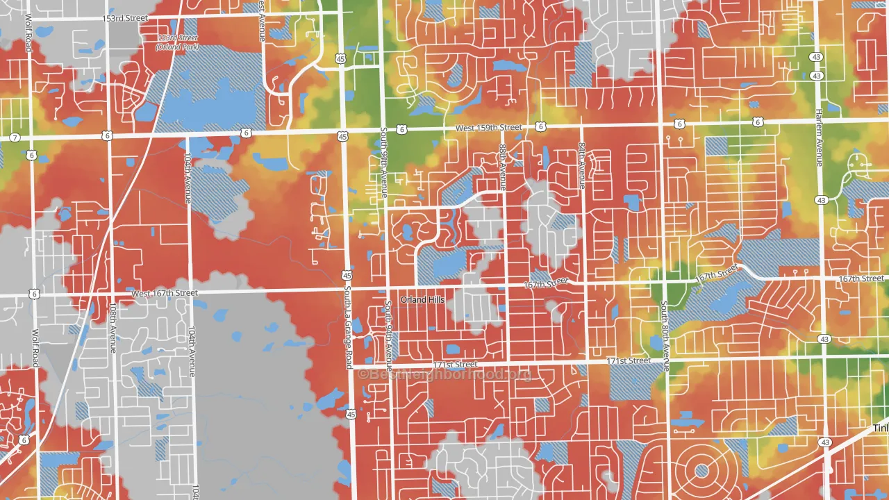 Walk Grade map of Orland Hills, IL, walkable areas in green and car-dependent areas in red