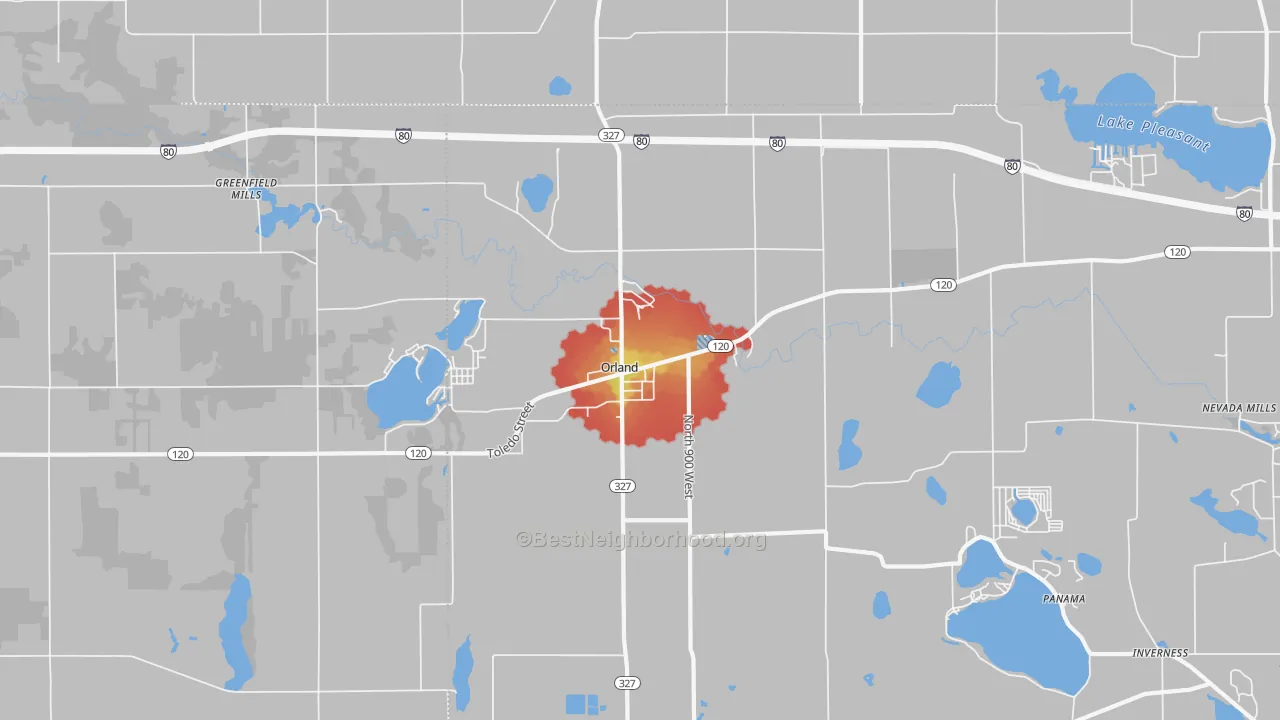 Walk Grade map of Orland, IN, walkable areas in green and car-dependent areas in red