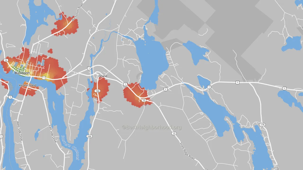 Walk Grade map of Orland, ME, walkable areas in green and car-dependent areas in red