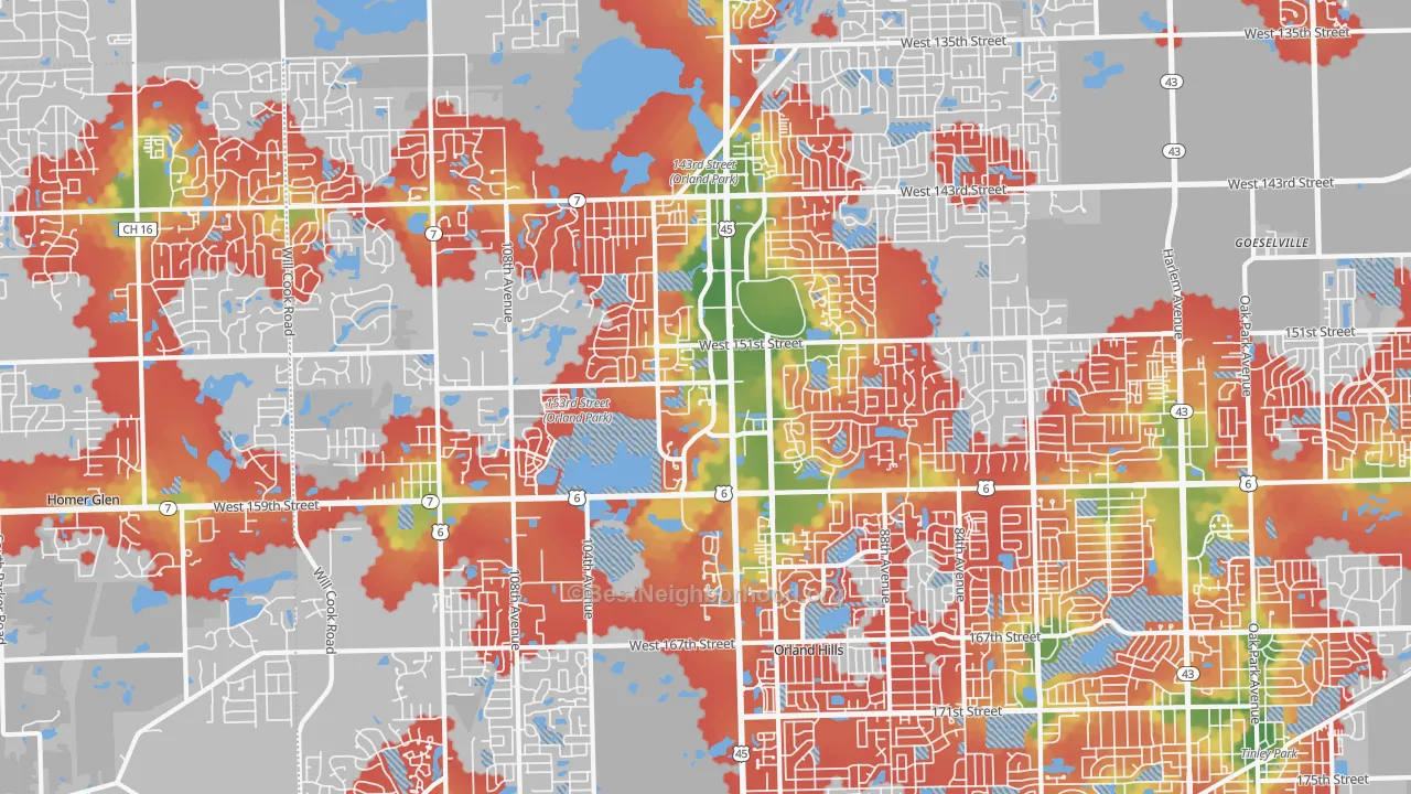 Walk Grade map of Orland Park, IL, walkable areas in green and car-dependent areas in red