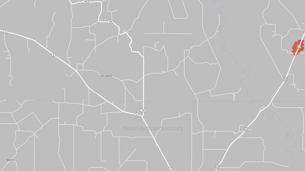Walk Grade map of Orlando, AR, walkable areas in green and car-dependent areas in red