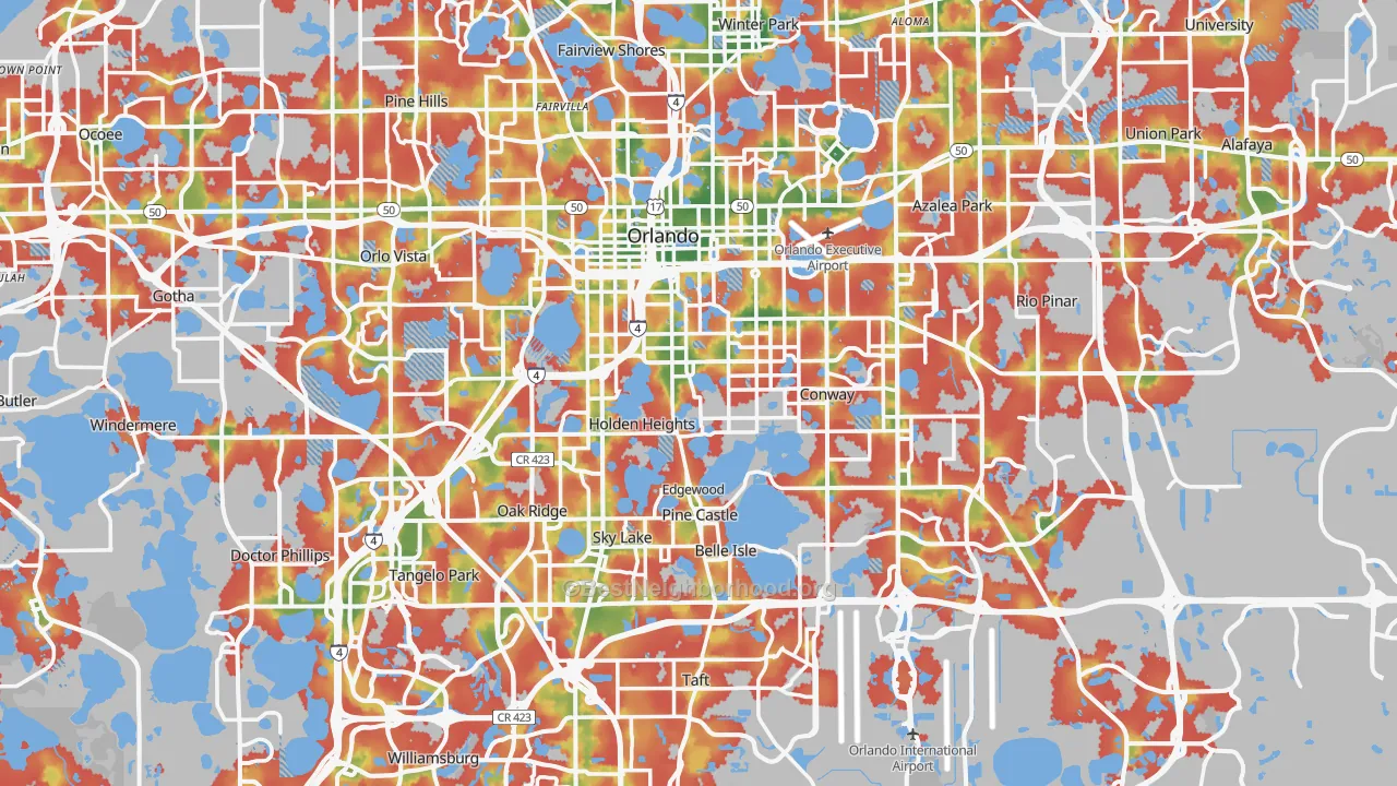 Walk Grade map of Orlando, FL, walkable areas in green and car-dependent areas in red
